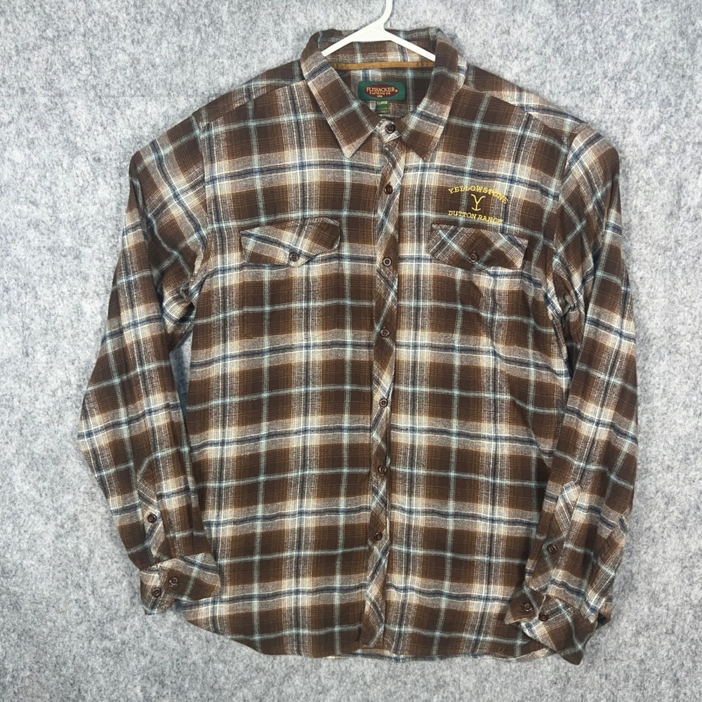 Flyshacker Yellowstone Dutton Ranch Plaid Flannel Shirt Men's XL Brown Blue
